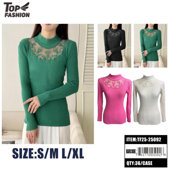WOMENS RIBBED KNIT SWEATER WITH LACE PANEL 4COLORS 36PC/CS