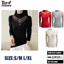 WOMENS RIBBED KNIT SWEATER WITH LACE PANEL 4COLORS 36PC/CS