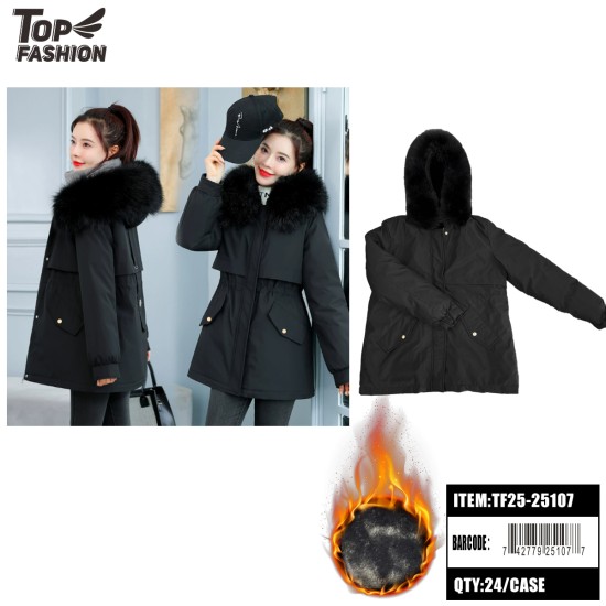 WOMENS BLACK WINTER PARKA WITH FAUX FUR HOOD 24PC/CS S-XL