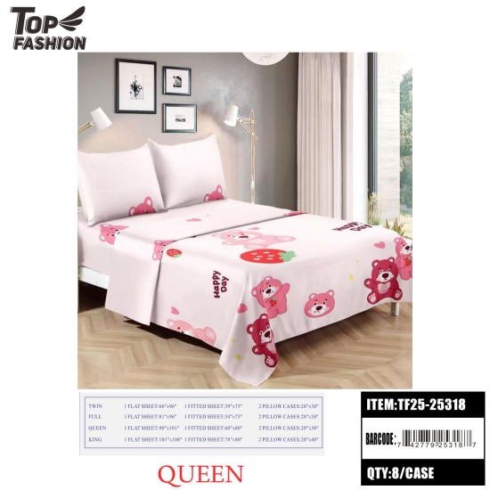 QUEEN SIZE PINK BEAR STRAWBERRY 4PC BED SHEET SET 8PC/CS