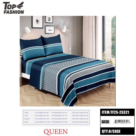QUEEN SIZE BLUE&GRAY STRIPED 4PC BED SHEET SET 8PC/CS
