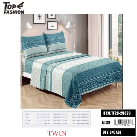 TWIN SIZE TEAL GEOMETRIC STRIPED 3PC BED SHEET SET 8PC/CS