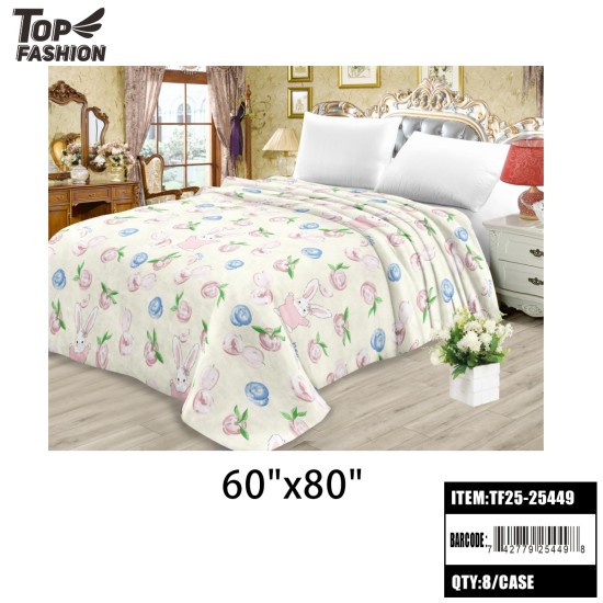 TWIN SIZE FLANNEL BLANKET CUTE BUNNY PEACH PRINT 8PC/CS