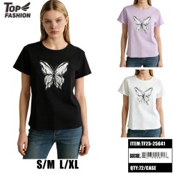 WOMEN BUTTERFLY GRAPHIC 3CLR T-SHIRT S-XL 12PC/6BG/72PC/CS