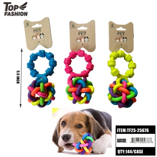 TPR BRAIDED BELL DOG TOY WITH RING HANDLE 3CLR12PC/12BG/144PC
