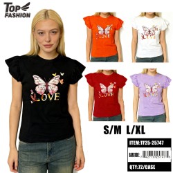 WOMEN RUFFLE BUTTERFLY LOVE T-SHIRT 5CLR 12PC/6BG/72PC/CS