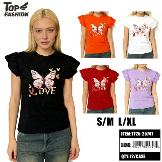 WOMEN RUFFLE BUTTERFLY LOVE T-SHIRT 5CLR 12PC/6BG/72PC/CS