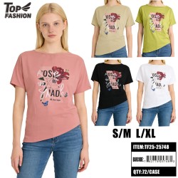 WOMEN ROSE PRINT ASYMMETRIC T-SHIRT 5CLR 12PC/6BG/72PC/CS