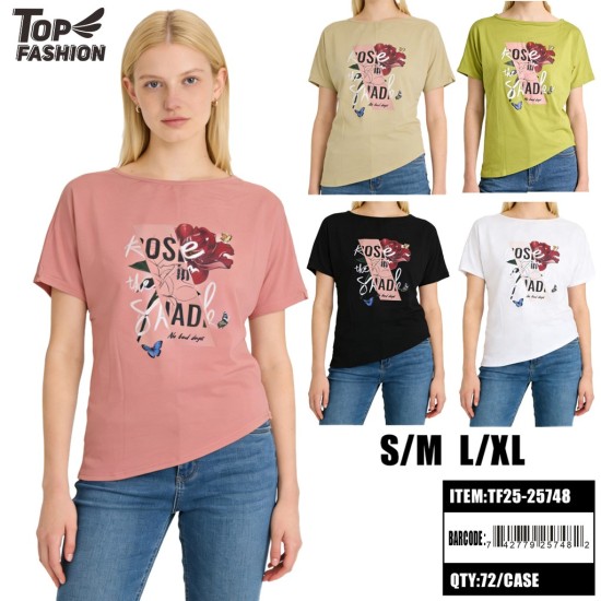 WOMEN ROSE PRINT ASYMMETRIC T-SHIRT 5CLR 12PC/6BG/72PC/CS