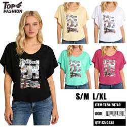 WOMEN V-NECK CITY PRINT LOOSE T-SHIRT 5CLR 12PC/6BG/72PC/CS