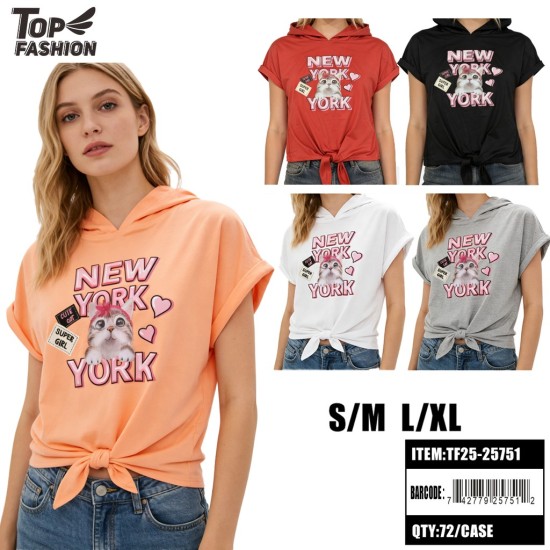 WOMEN NEW YORK CAT HOODIE T-SHIRT 5CLR 12PC/6BG/72PC/CS