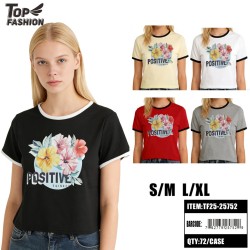 WOMEN FLORAL POSITIVE THINKER T-SHIRT 5CLR 12PC/6BG/72PC/CS