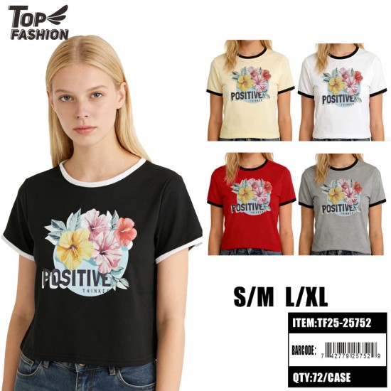 WOMEN FLORAL POSITIVE THINKER T-SHIRT 5CLR 12PC/6BG/72PC/CS