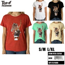 WOMEN FASHION GIRL PRINT T-SHIRT 5CLR 12PC/6BG/72PC/CS