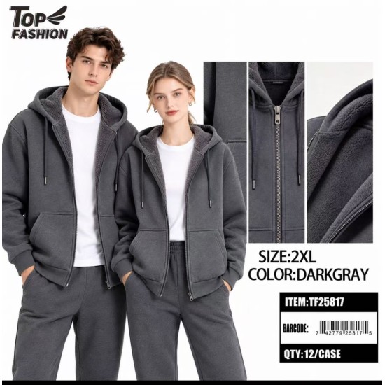 XXL SIZE DARK GREY SHERPA HOODED ZIP-UP JACKET 12PC/CS