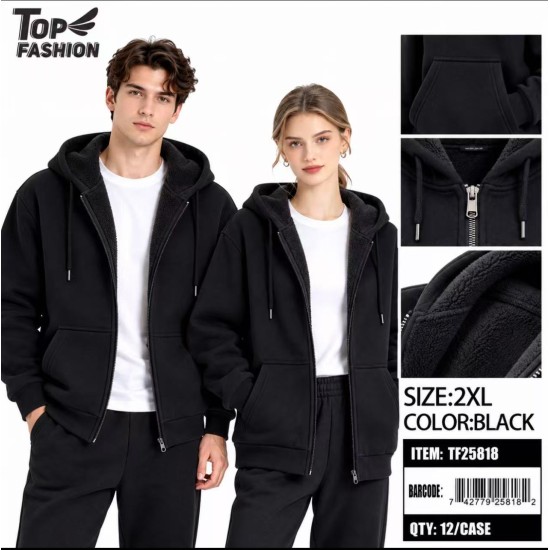 XXL SIZE BLACK SHERPA HOODED ZIP-UP JACKET 12PC/CS