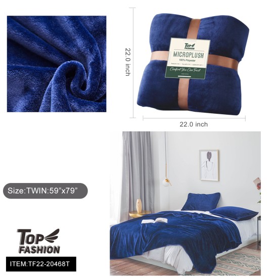 TWIN SIZE ROYAL BLUE PLAIN FLANNEL BLANKET 8PC/CS
