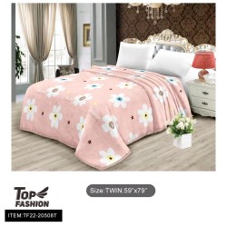 TWIN SIZE WHITE FLOWER W/PINK PRINTED FLANNEL BLANKET 8PC/CS