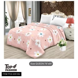 QUEEN SIZE WHITE FLOWER W/PINK PRINTED FLANNEL BLANKET 8PC/CS