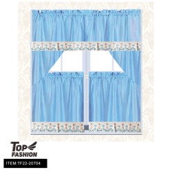 LACE EMBROIDERED SMALL FLOWER SKY BLUE KITCHEN CURTAINS 24PC/
