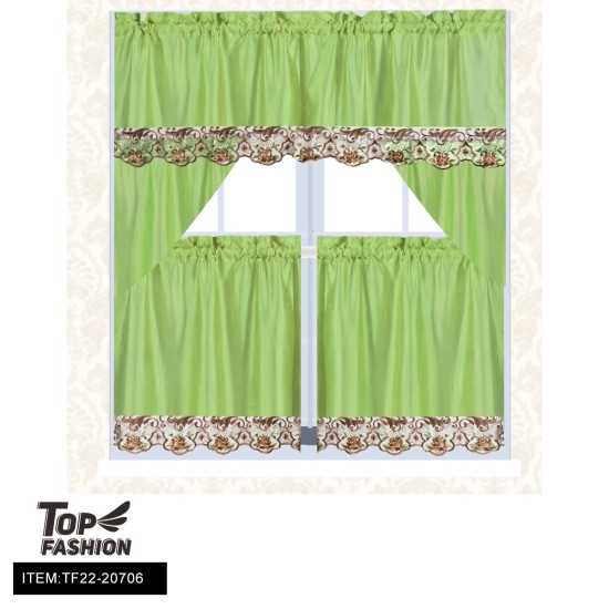 LACE EMBROIDERED FLORAL GREEN KITCHEN CURTAINS 24PC/CS