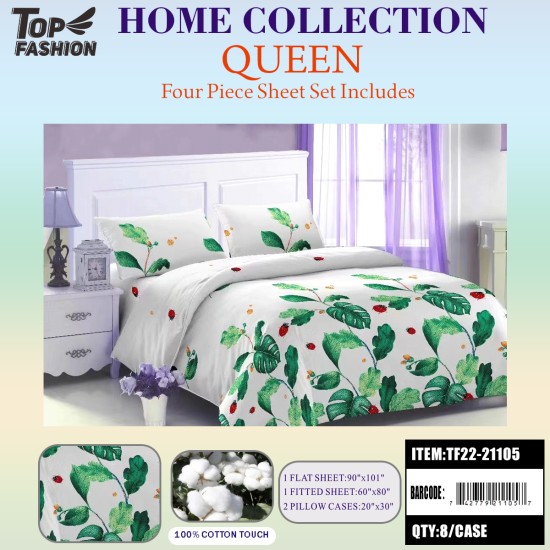 80G QUEEN SIZE PRINTED LEAF BED SHEET 4PCS SET 8PC/CS