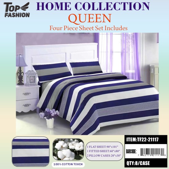 100G QUEEN SIZE PRINTED STRIPE BED SHEET 4-PCS SET 8PC/CS