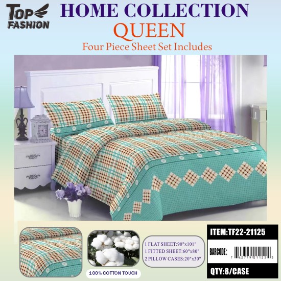 100G QUEEN SIZE PRINTED CHECK BED SHEET 4-PIECE SET 8PC/CS