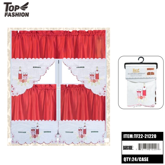 EMBROIDERED RED WINE BOTTLE RED KITCHEN CURTAINS 24PC/CS