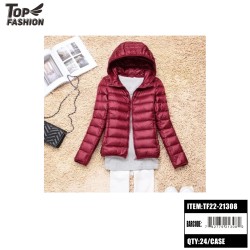 WOMENS BURGUNDY DRAWSTRING HOODED PADDED DOWN JACKET 12PC/CS