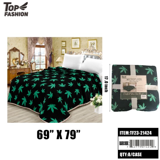 FULL CANNABIS LEAF FLANNEL BLANKET 8PC/CS