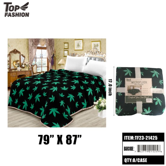 QUEEN CANNABIS LEAF FLANNEL BLANKET 8PC/CS