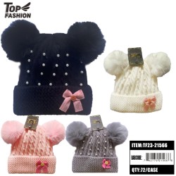 CHILDREN MIX 4 COLORS STUDDED PEARL TWO POM HAT 72PC/6DZ/CS