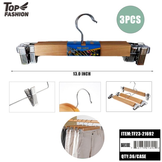 SOLID WOOD HANGER WITH CLIPS (3PC)PACK 36PK/CS