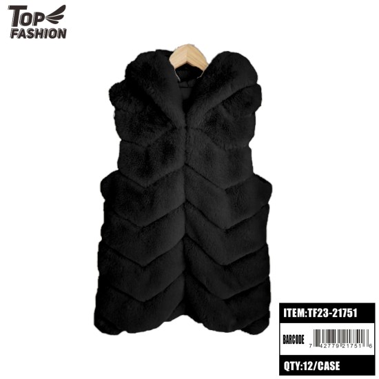 WOMENS BLACK FAUX RABBIT FUR HOODED VEST 12PC/CS