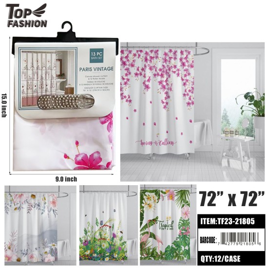 MIXED 4STYLES PRINTED CLOTH 13PC-SET SHOWER CURTAIN 12PC/CS