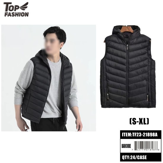 MENS BLACK HOODED DOWN COTTON VEST(S-XL) 24PC/CS