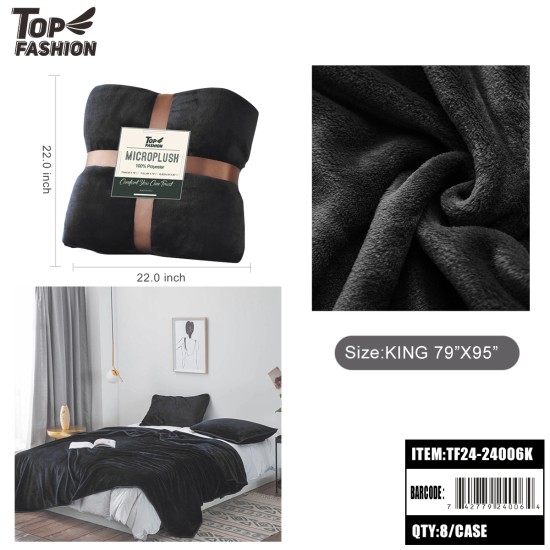 KING SIZE BLACK PLAIN FLANNEL BLANKET 8PC/CS