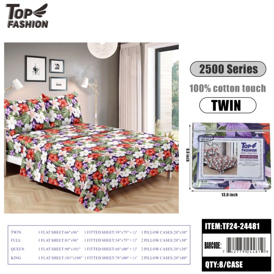 80G TWIN SIZE WHITE FLORAL BED SHEET 3PCS SET 8PC/CS