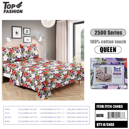 80G QUEEN SIZE WHITE FLORAL BED SHEET 4PCS SET 8PC/CS