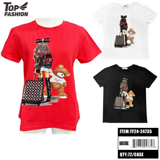 MIXED 3 COLORS WOMENS BEAR R-NECK COTTON T-SHIRT 72PC/CS