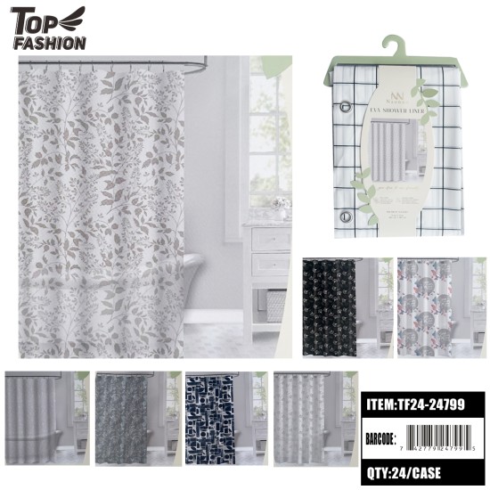 8STYLES PEVA WITH 12 PLASTIC HOOKS SHOWER CURTAIN 24PC/CS