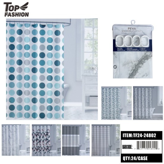 8STYLES PEVA WITH 12 PLASTIC HOOKS SHOWER CURTAIN 24PC/CS
