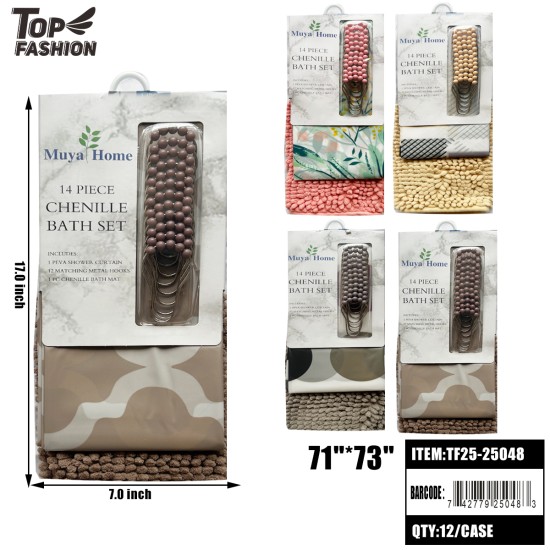 14PIECE CHENILLE BATH SET PEVA SHOWER CURTAIN 4COLORS 12PC/CS