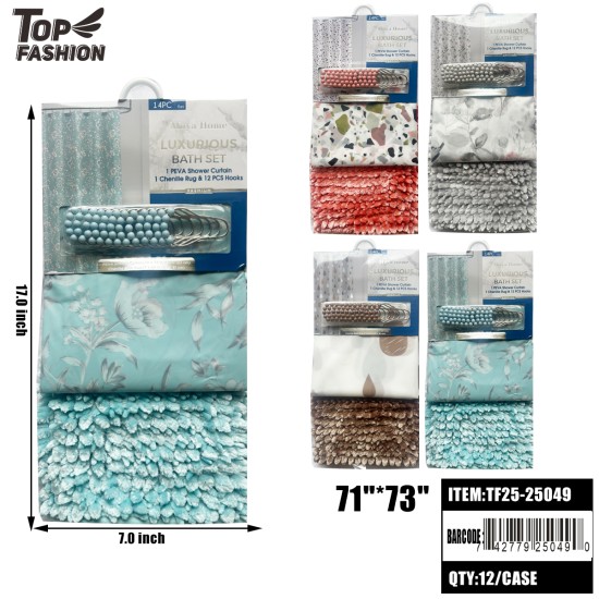 LUXURIOUS BATH SET PEVA SHOWER CURTAIN 4COLORS 12PC/CS