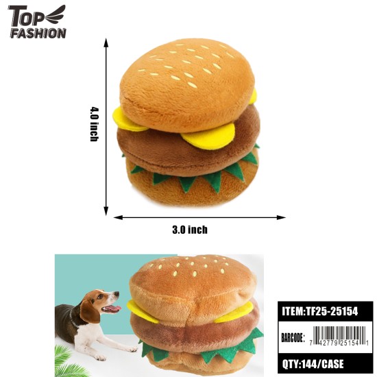 CUTE HAMBURGER PLUSH DOG TOY-SQUEAKY&SOFT 12PC/12BG/144PC/CS