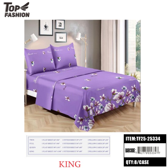 KING SIZE 4-PIECE PURPLE FLORAL BED SHEET SET 8PC/CS