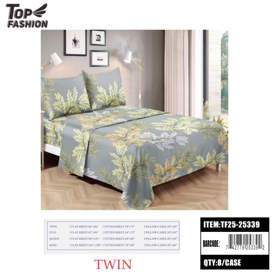 TWIN SIZE 3-PIECE GREEN LEAF PRINT BED SHEET 8PC/CS