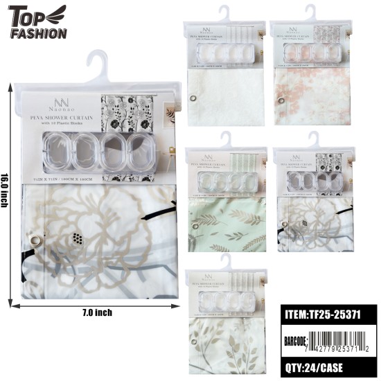 8 STYLES PEVA SHOWER CURTAIN WITH 12 PLASTIC HOOKS 24PC/CS