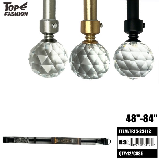 48-84 ADJUSTABLE CRYSTAL FINIAL CURTAIN ROD 12PC/CS